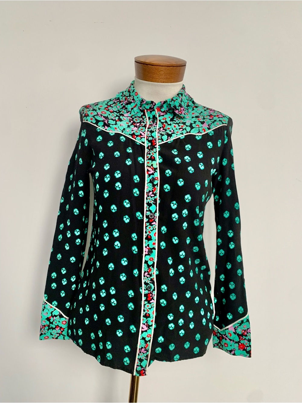 Maje Black Blouse with Mint and Pink Floral Accents